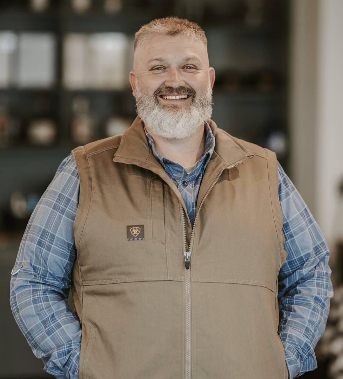 Short buzz cut with a full grey beard shaped and trimmed at The Cave, Rogers AR
